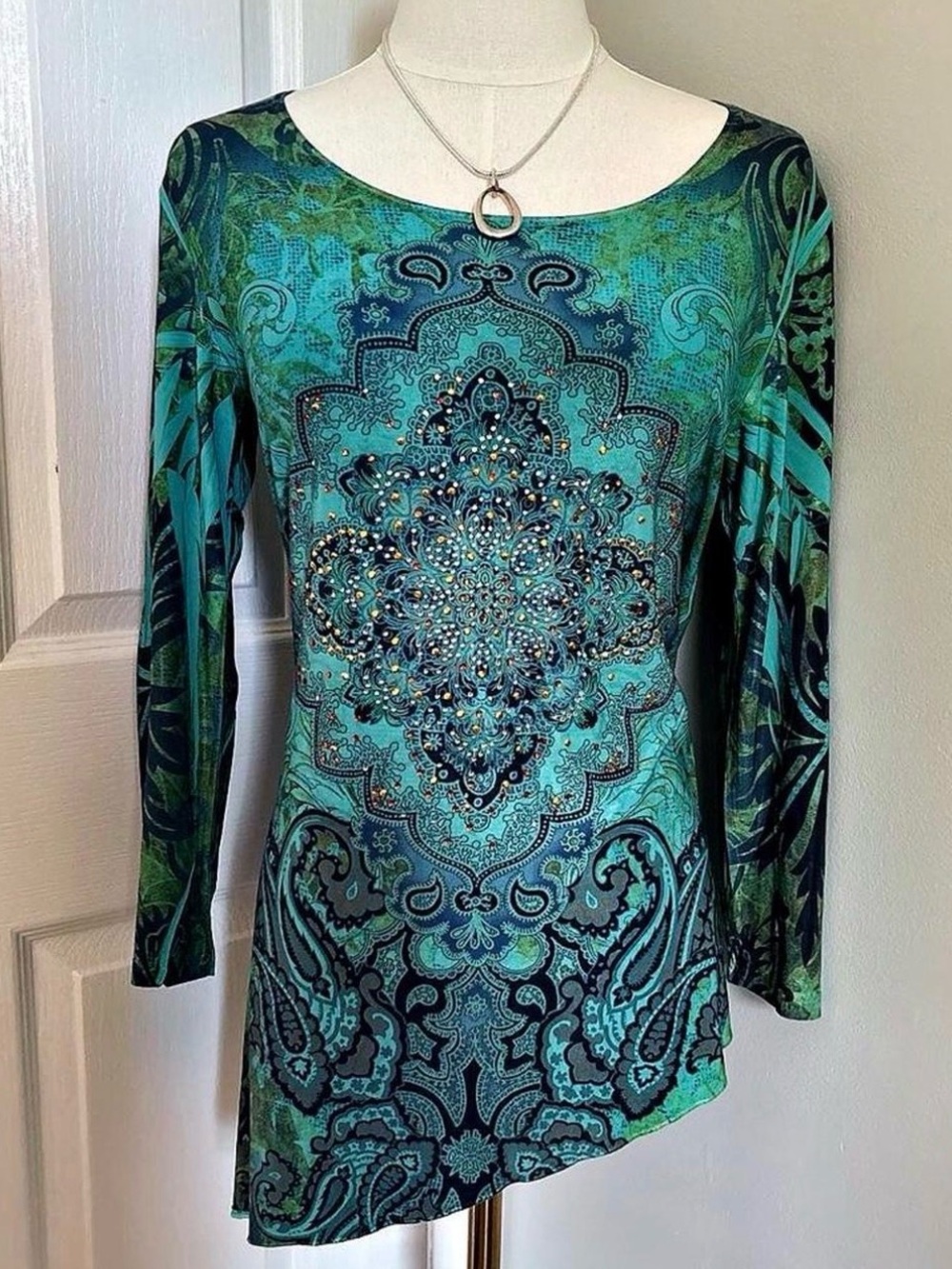 Women's Teal Green Long-Sleeve Printed Tunic Top Size M